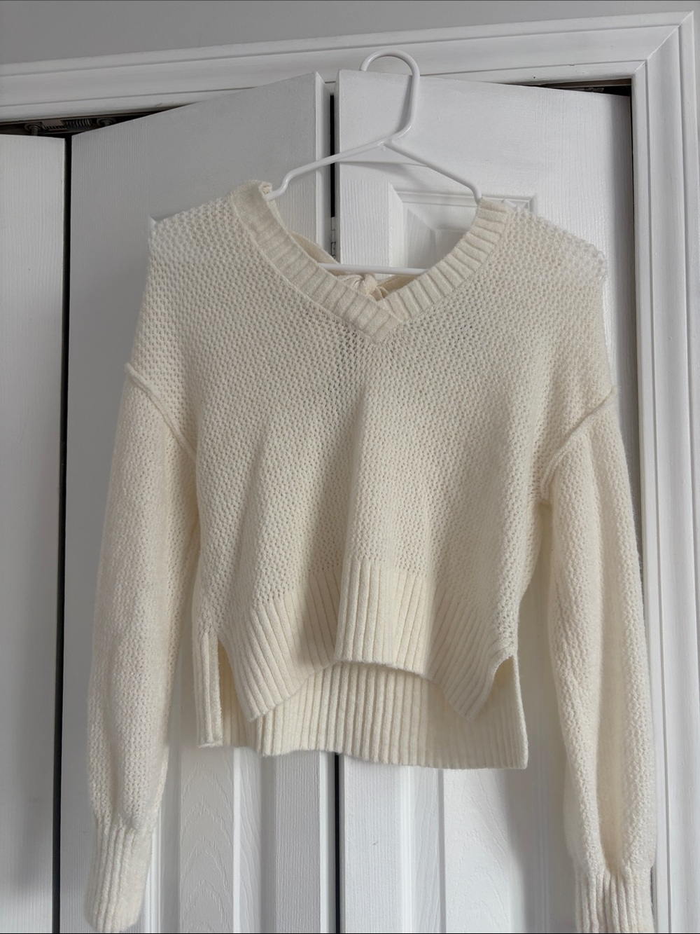 Women's Cream V-Neck Drop Shoulder Sweater